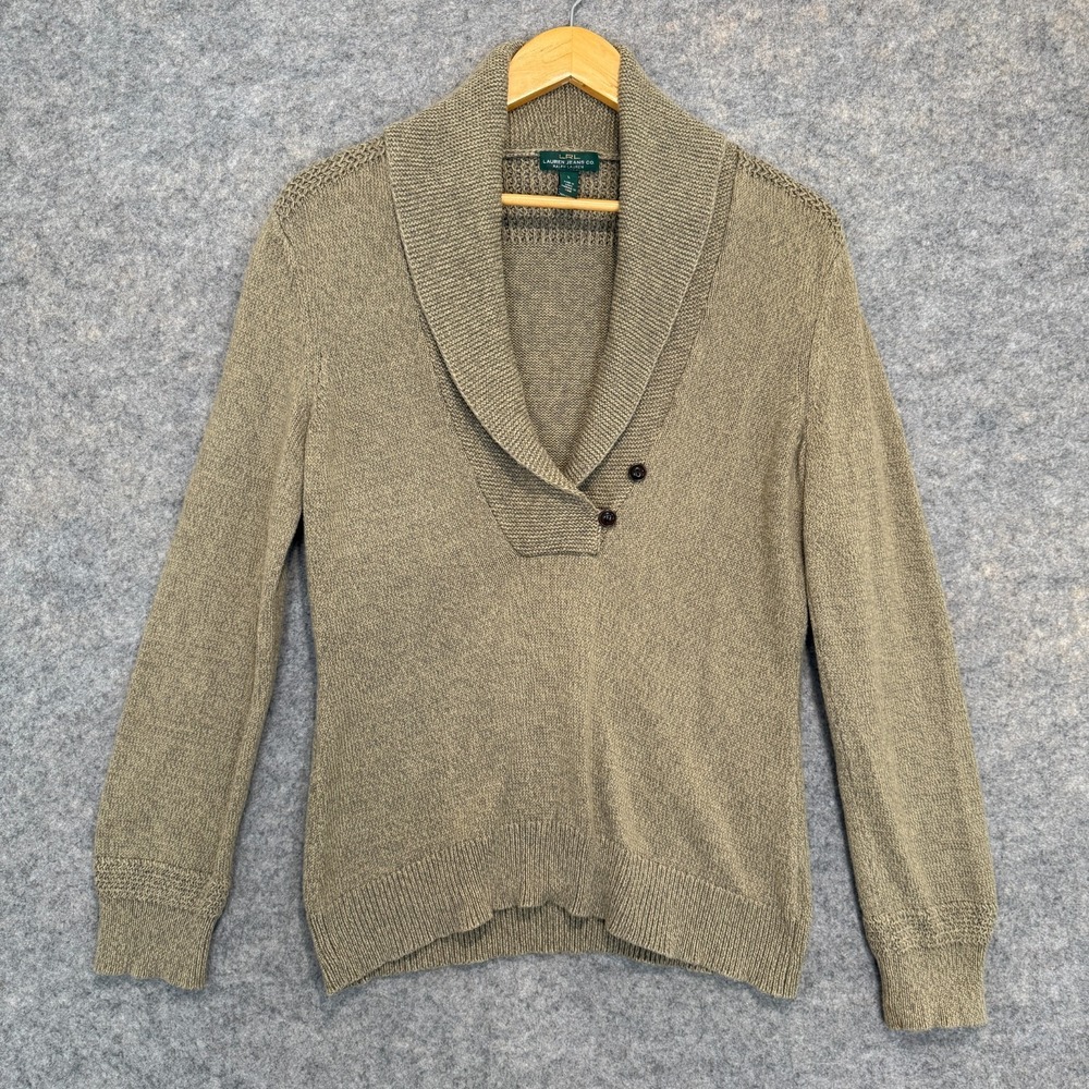 Lauren Ralph Lauren Shawl Henley Cardigan Sweater Womens Large Tan Knit Crochet